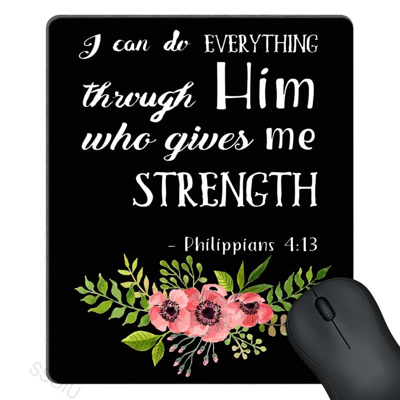 SSOIU Mouse Pad Pink Watercolor Flowers Art Bible Verse Scripture Quotes Philippians - I Can Do Everything Through Him Who Gives Me Strength - Image 1
